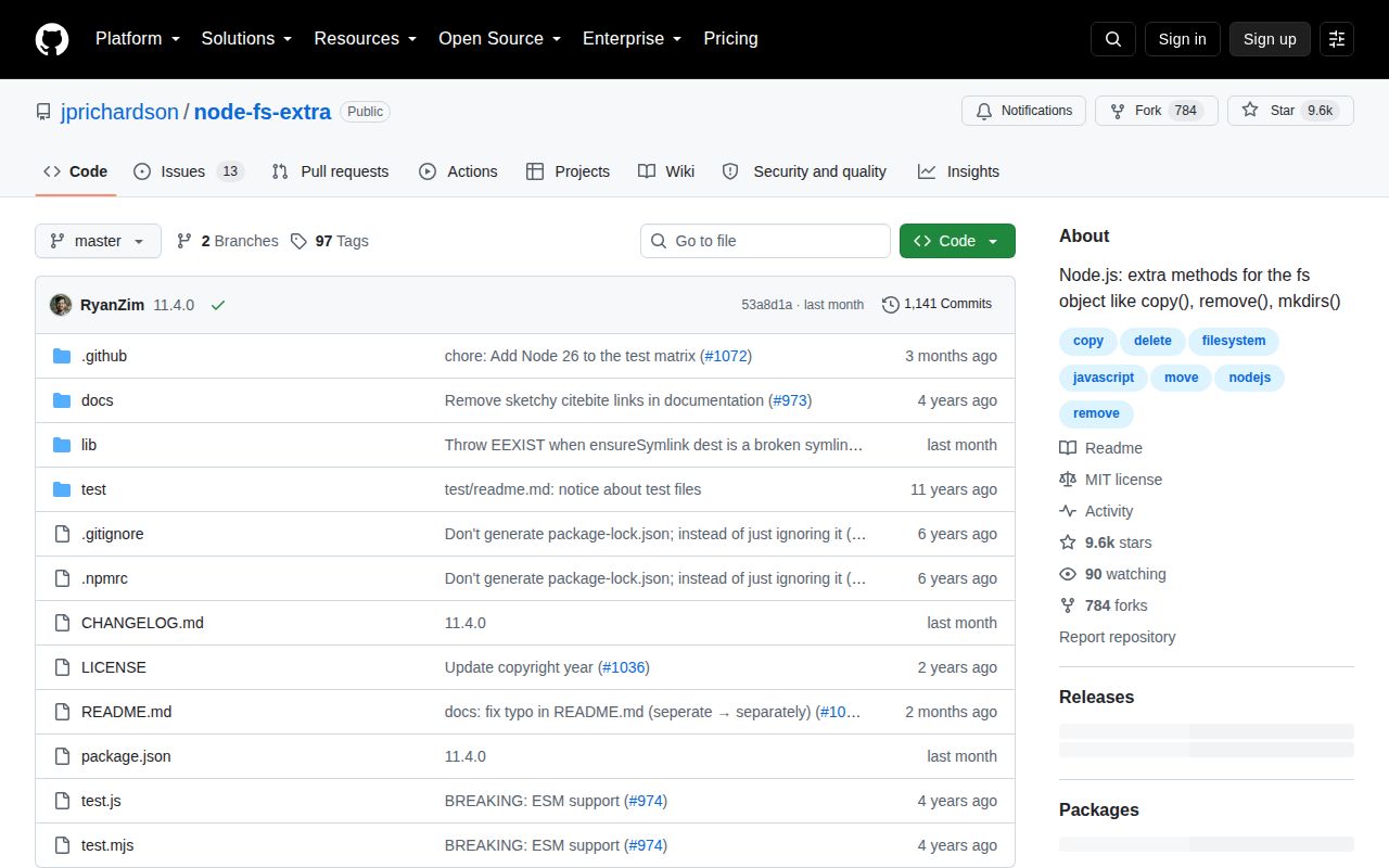 Screenshot of fs-extra documentation