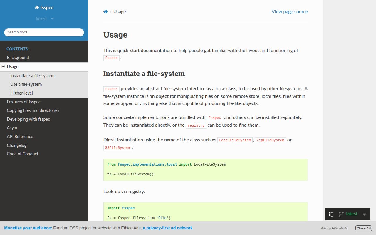 Screenshot of fsspec documentation