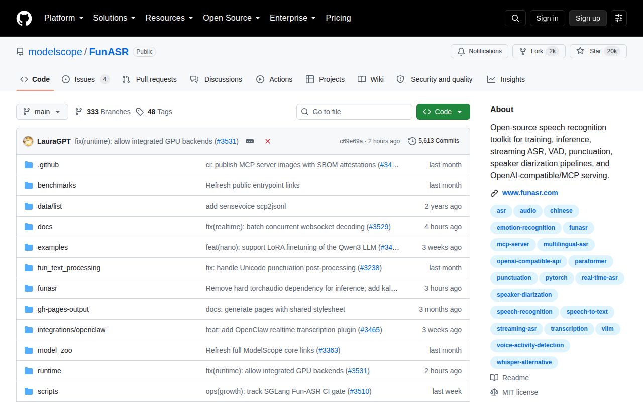 Screenshot of FunASR (github.com/modelscope/FunASR)