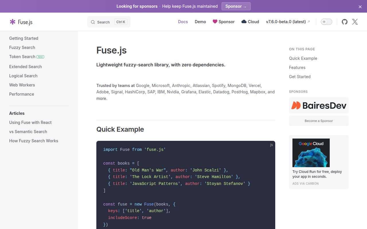 Screenshot of fuse.js documentation