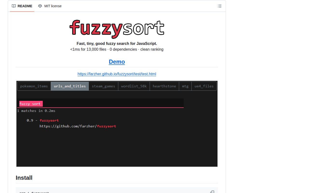 Screenshot of fuzzysort documentation