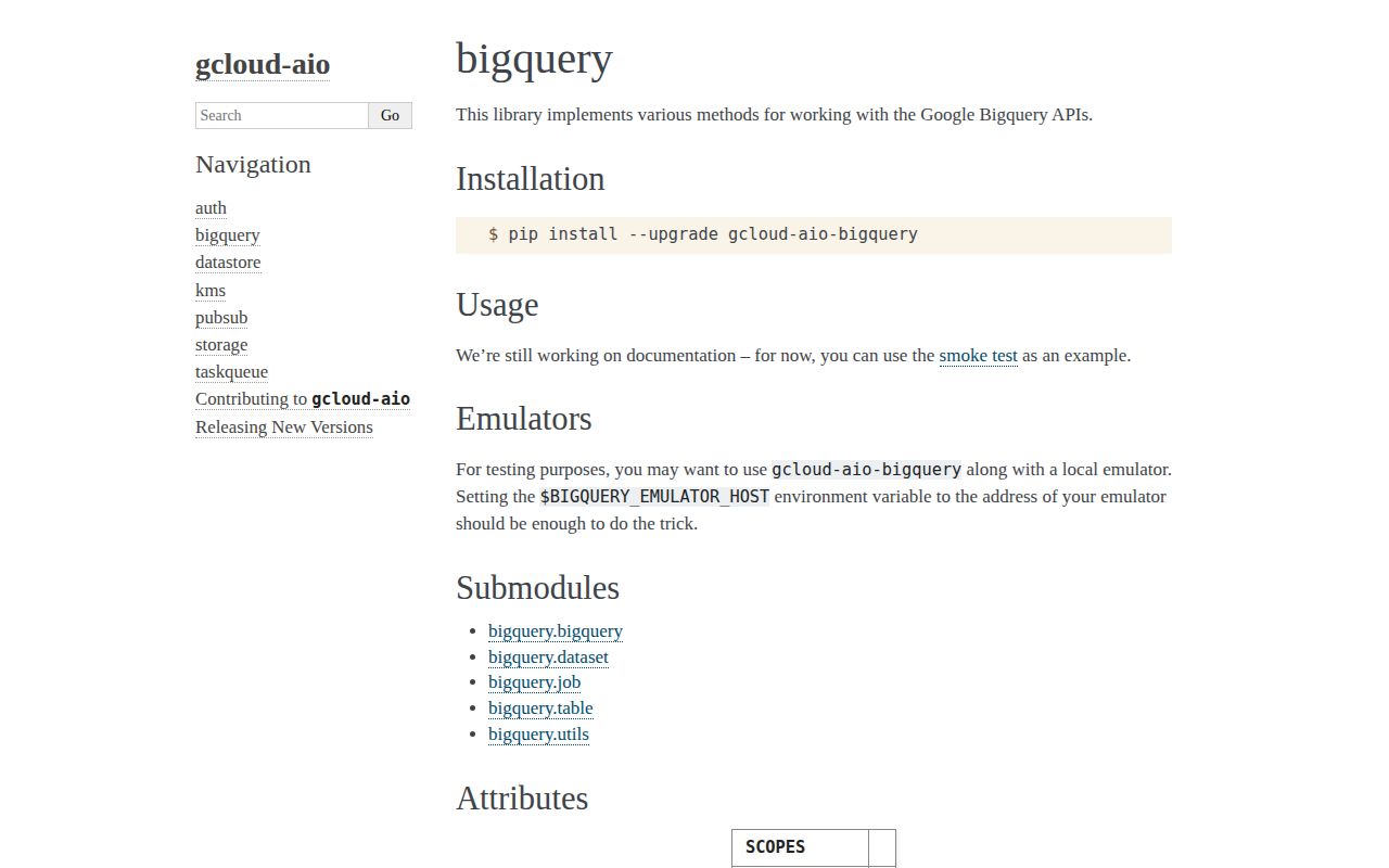 Screenshot of gcloud-aio-bigquery documentation