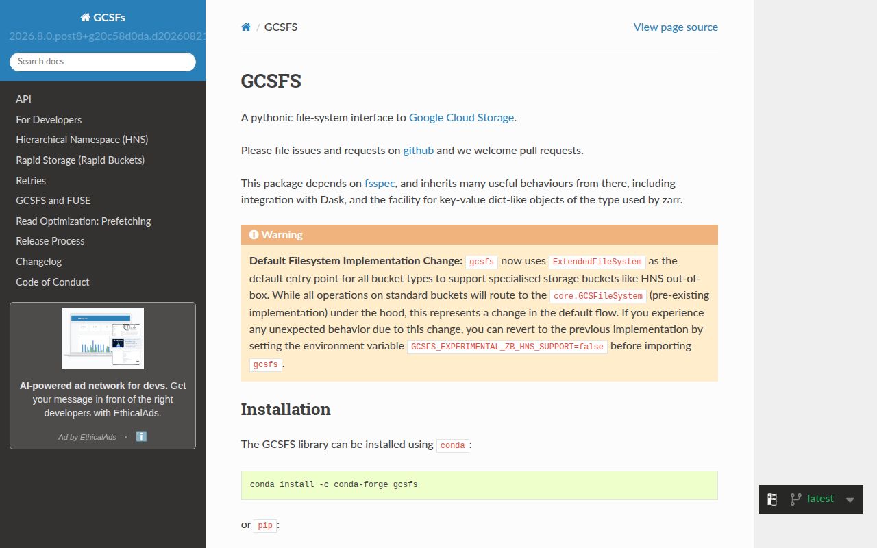 Screenshot of gcsfs documentation