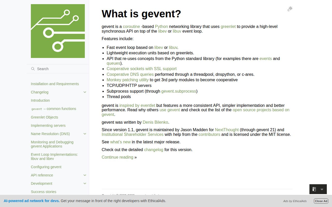 Screenshot of gevent documentation