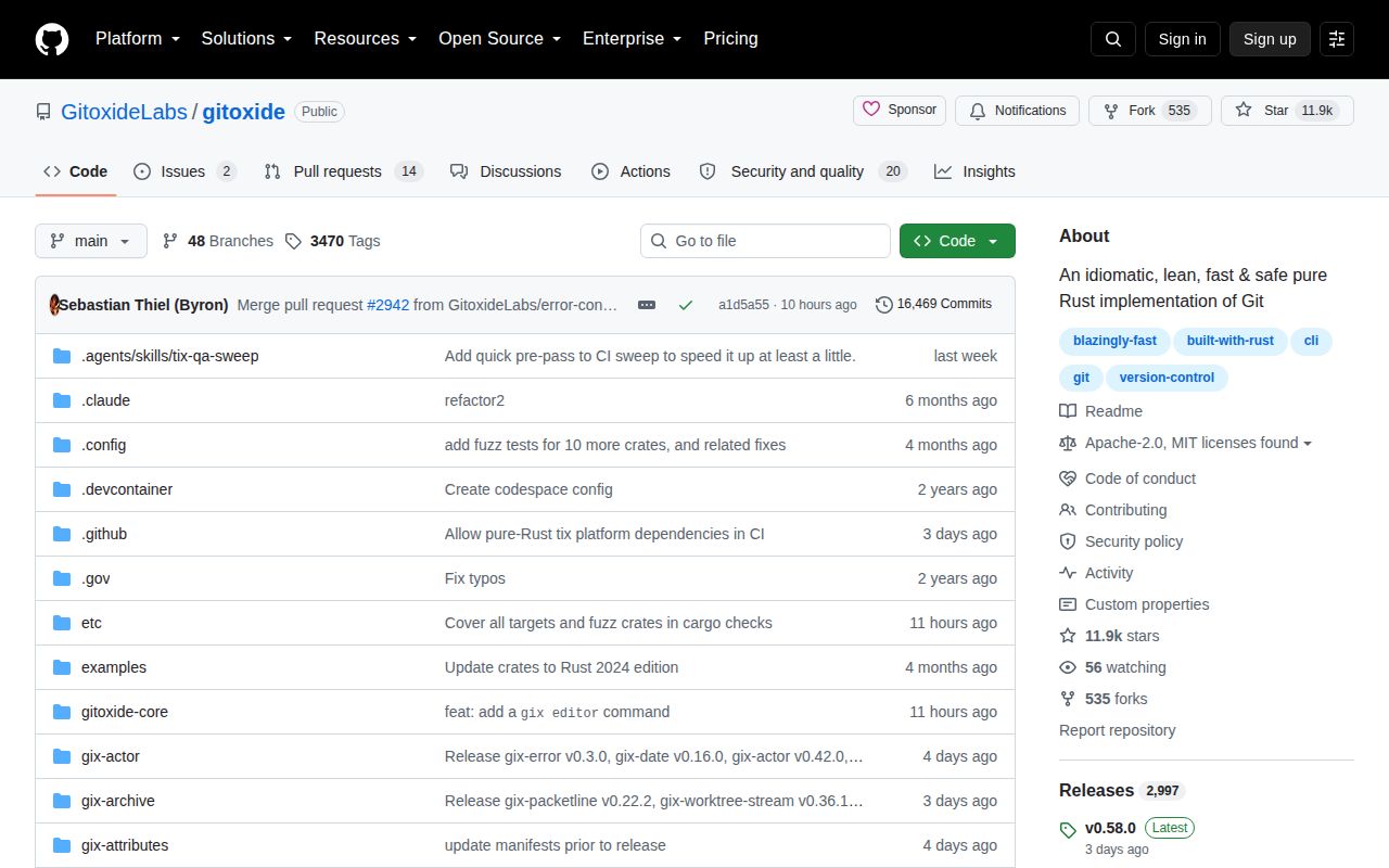 Screenshot of gitoxide (github.com/GitoxideLabs/gitoxide)