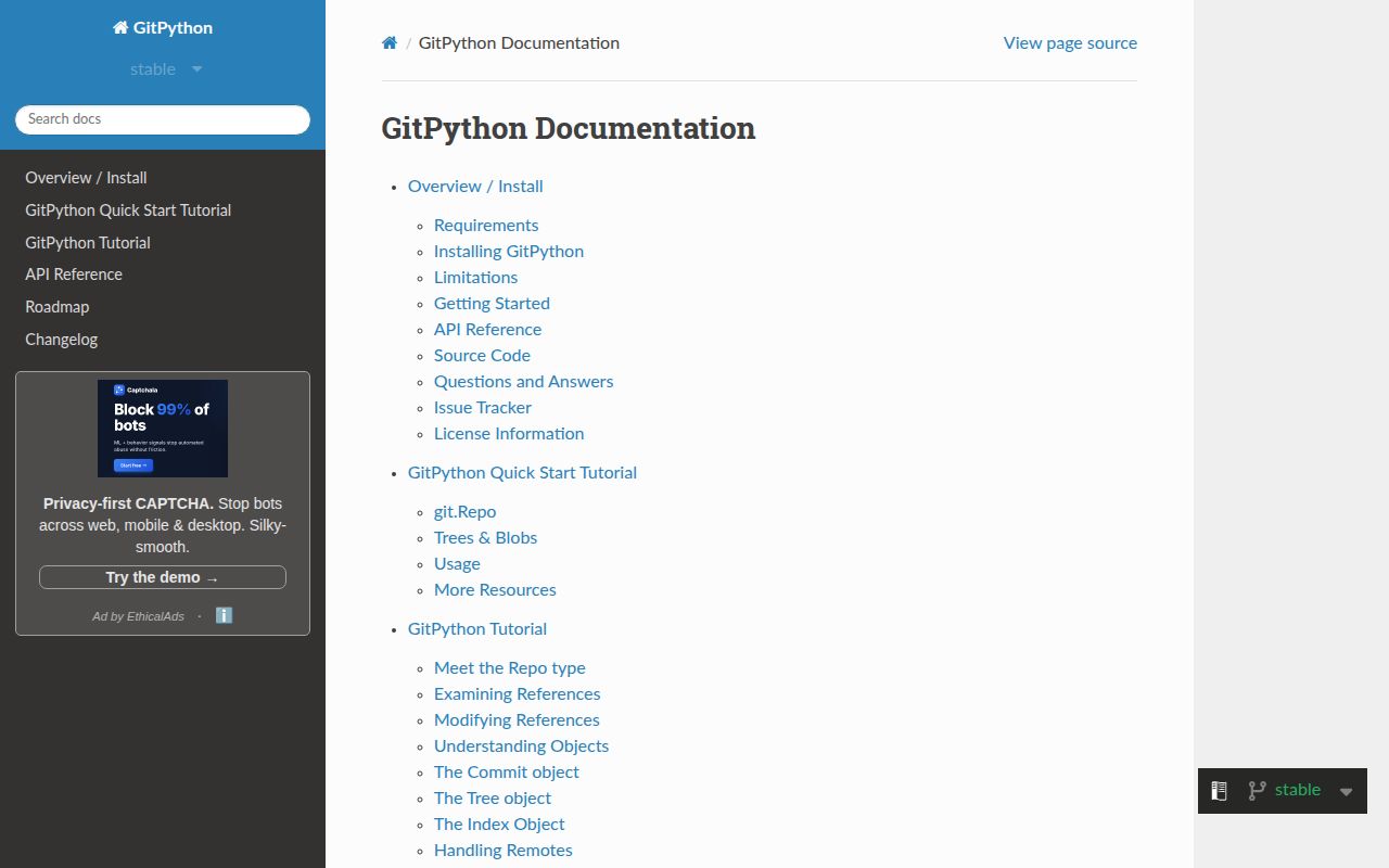 Screenshot of GitPython documentation