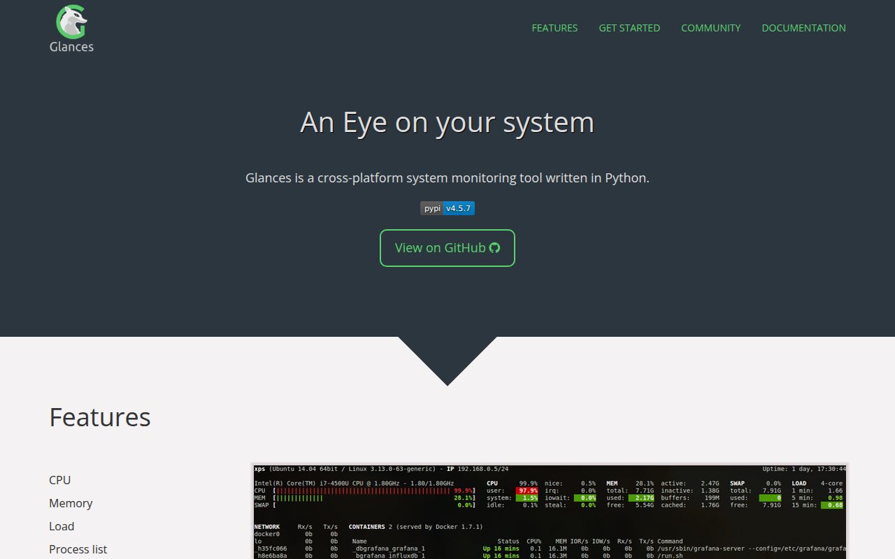 Screenshot of glances (nicolargo.github.io/glances)