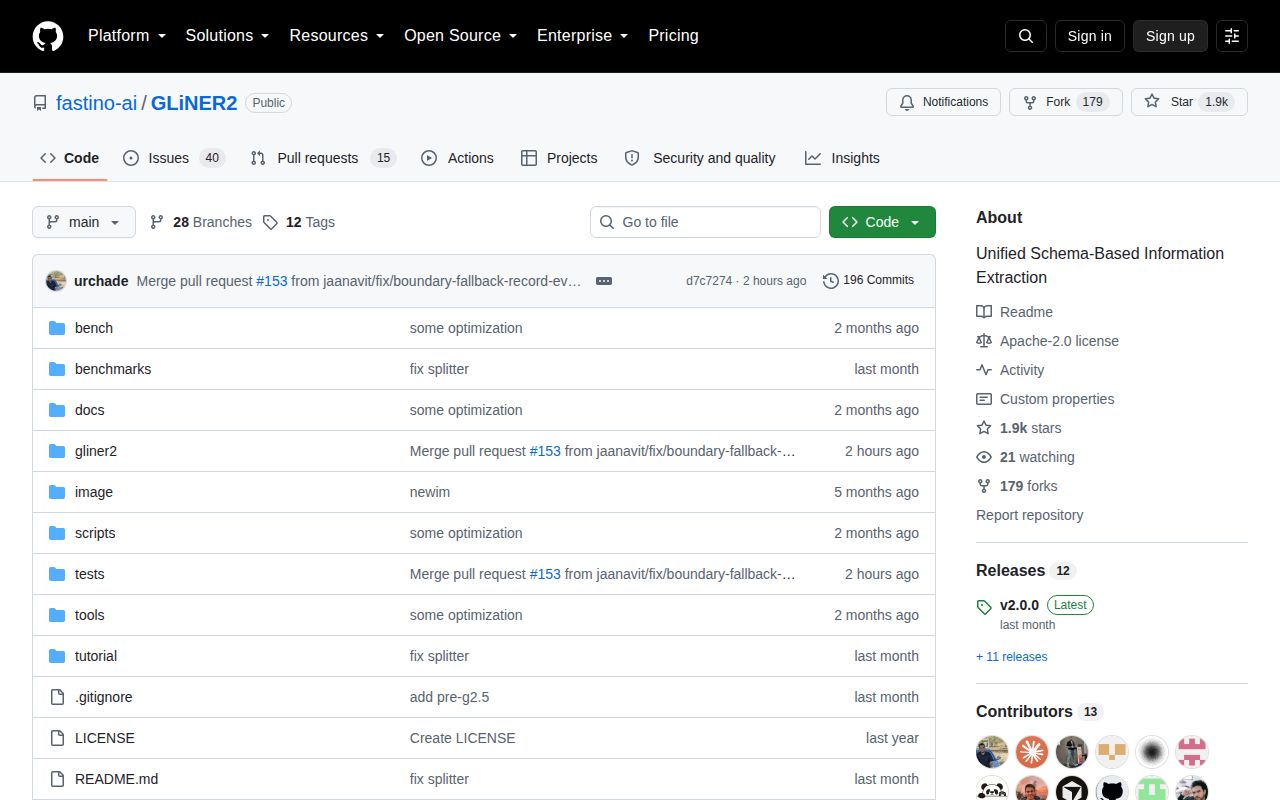 Screenshot of GLiNER2 (github.com/fastino-ai/GLiNER2)