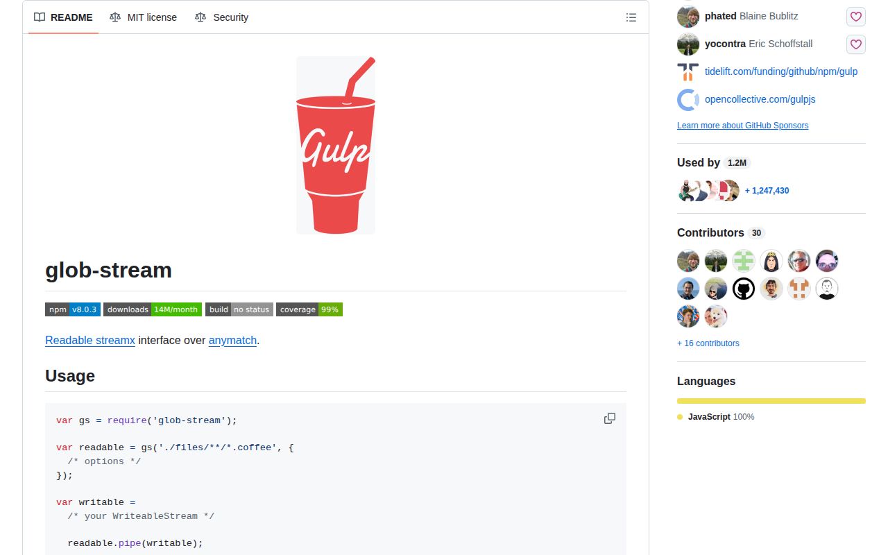 Screenshot of glob-stream documentation