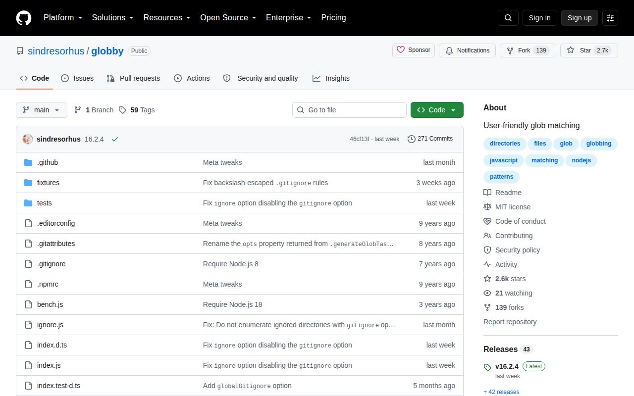 Screenshot of globby documentation