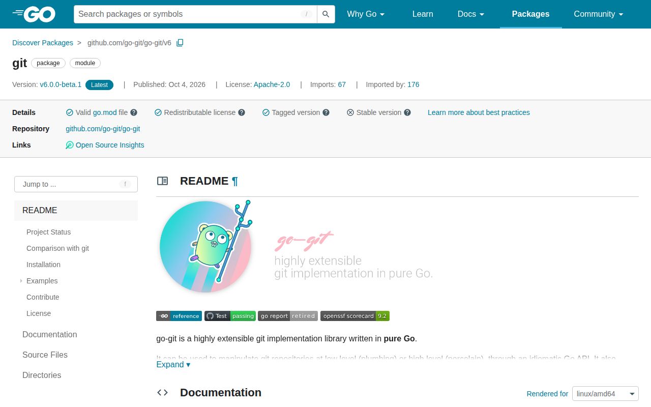 Screenshot of go-git (pkg.go.dev/github.com/go-git/go-git/v6)
