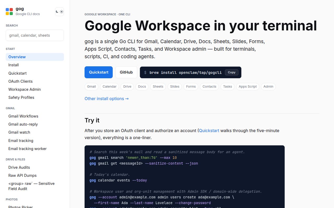 Screenshot of gogcli (gogcli.sh)