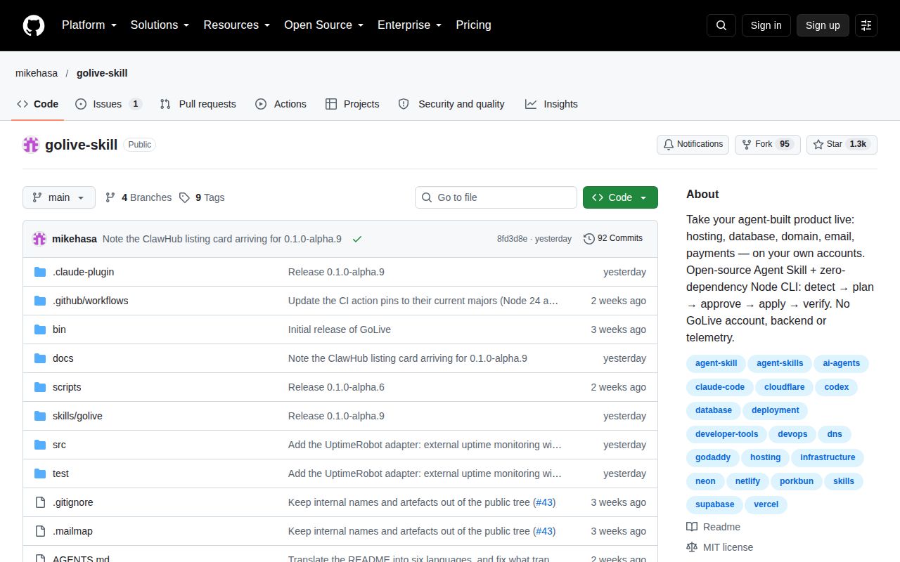 Screenshot of golive-skill (github.com/mikehasa/golive-skill)