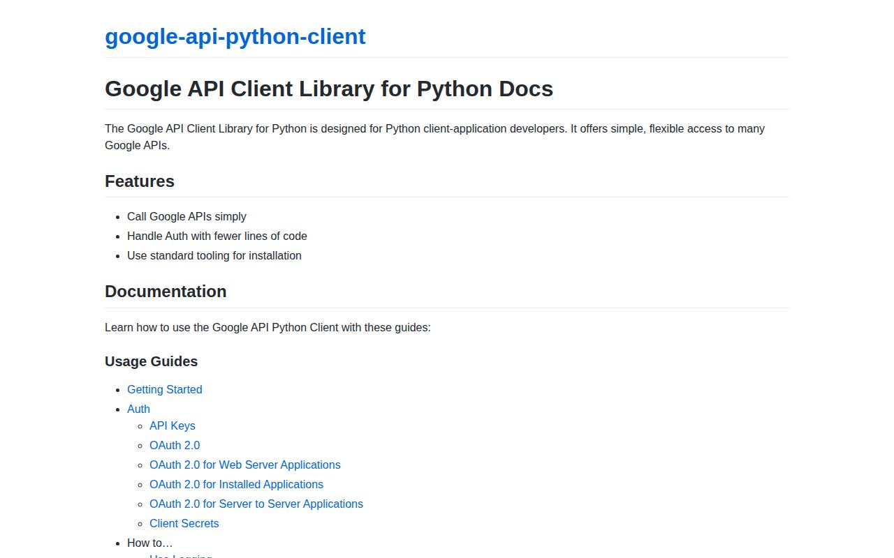 Screenshot of google-api-python-client documentation