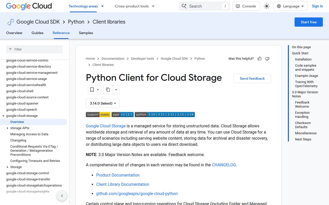 Screenshot of google-cloud-storage documentation
