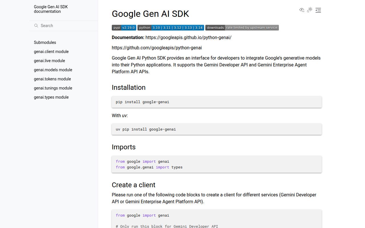 Screenshot of google-genai documentation