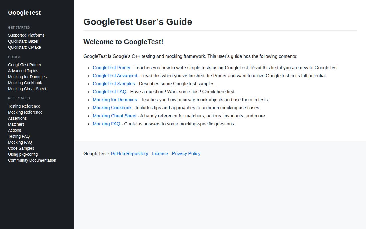 Screenshot of googletest (google.github.io/googletest)