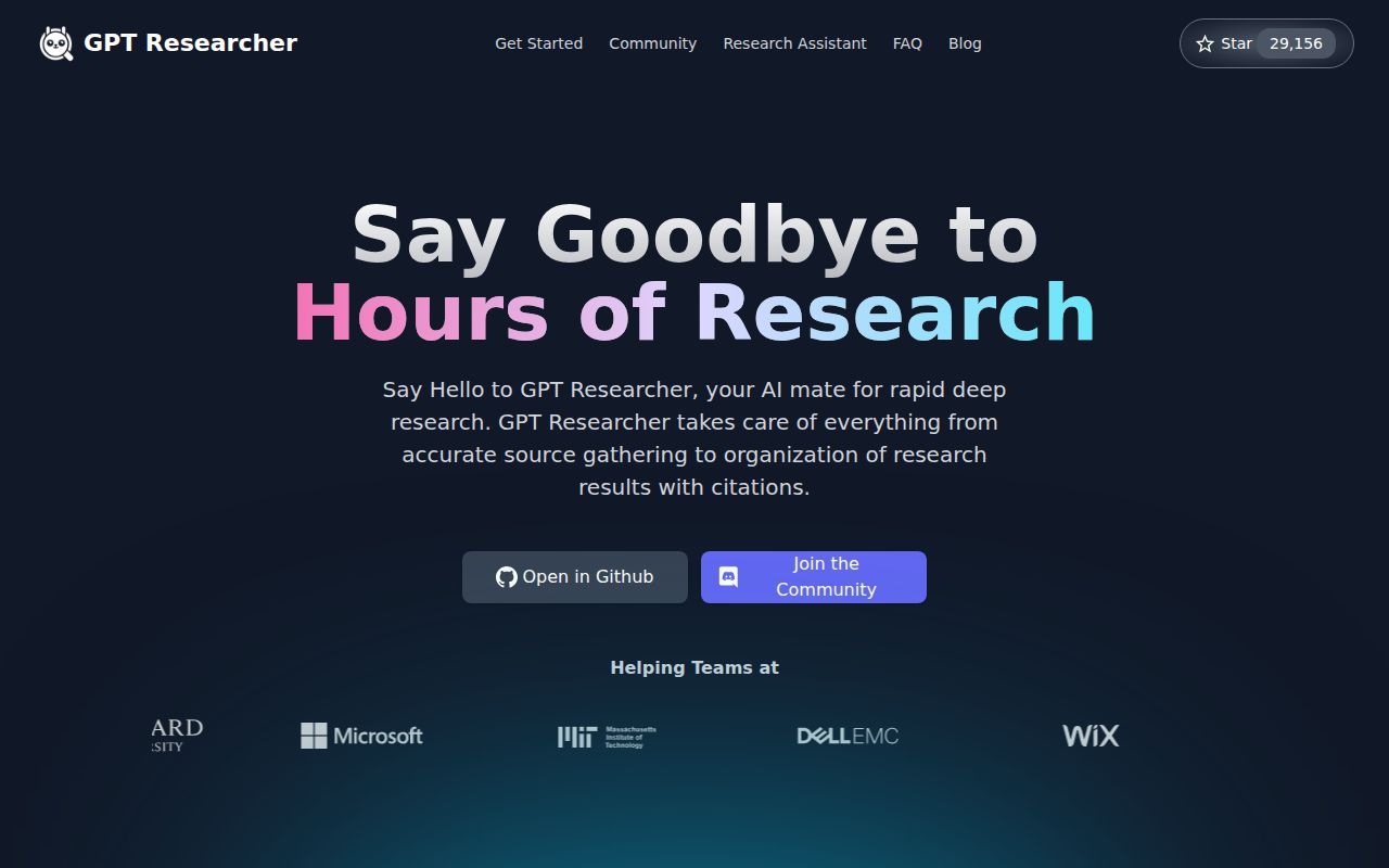 Screenshot of gpt-researcher (gptr.dev)