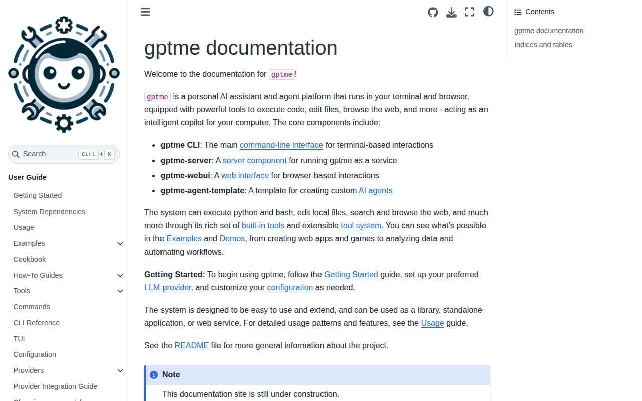 Screenshot of gptme (gptme.org/docs)