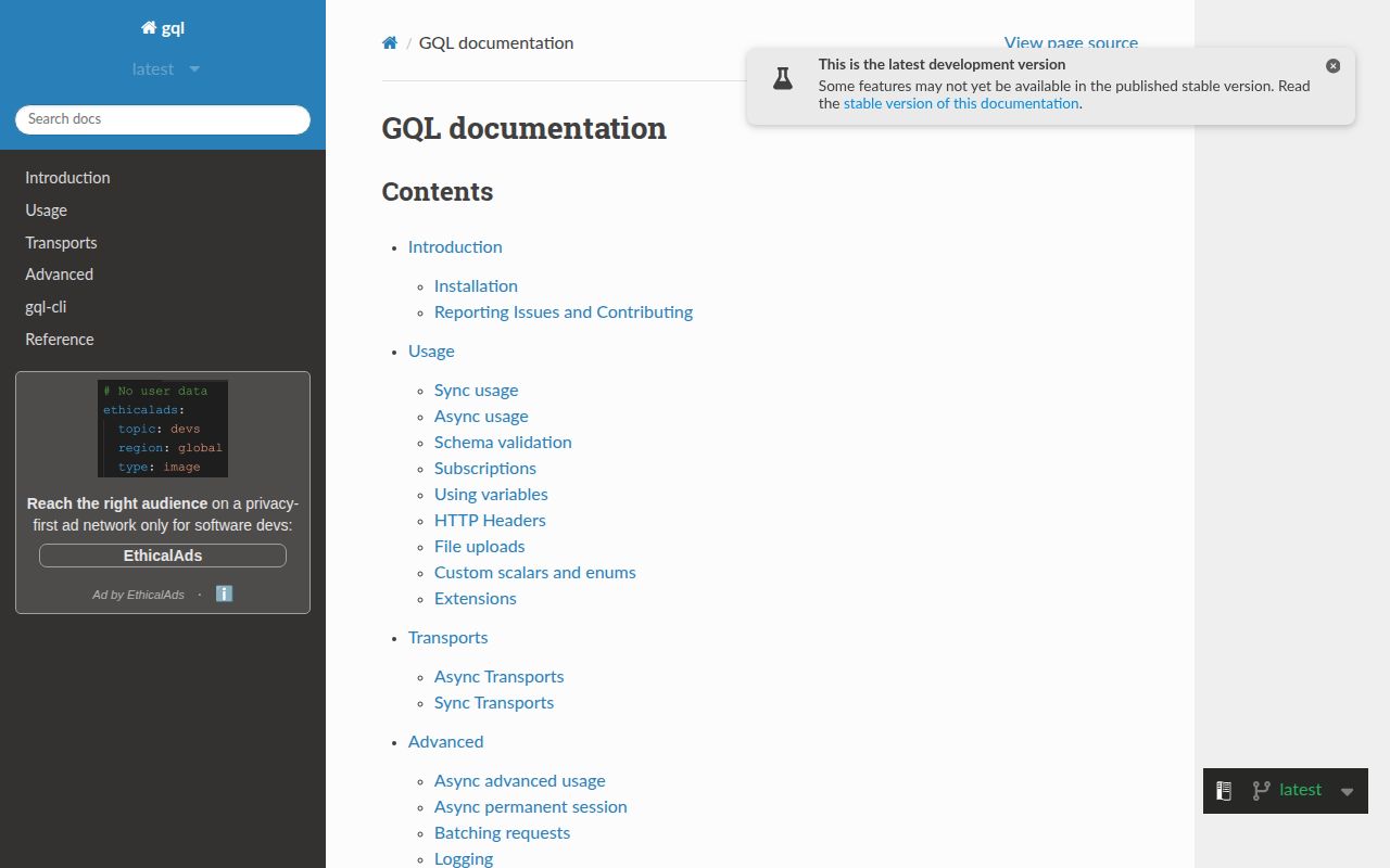 Screenshot of gql documentation