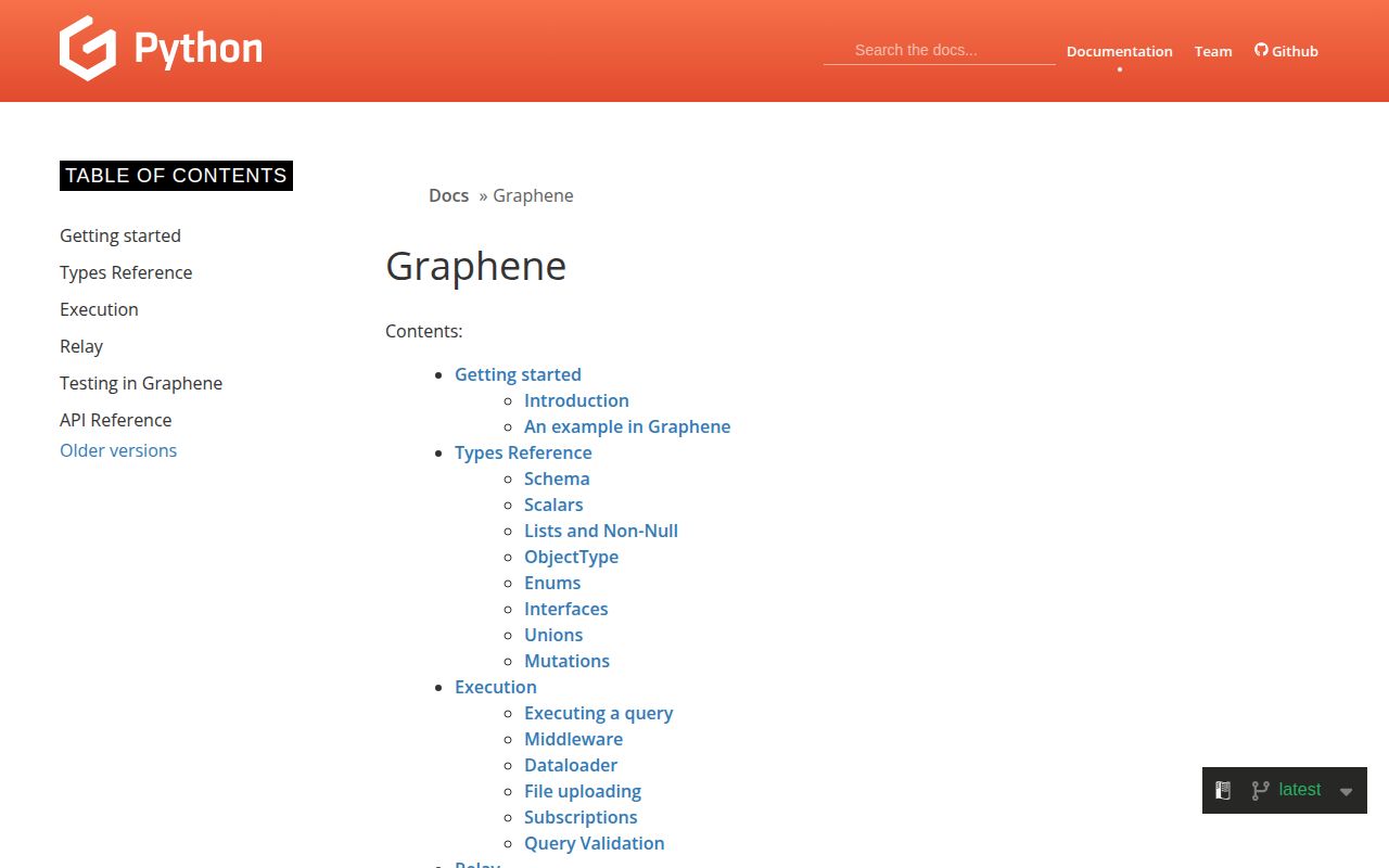 Screenshot of graphene documentation
