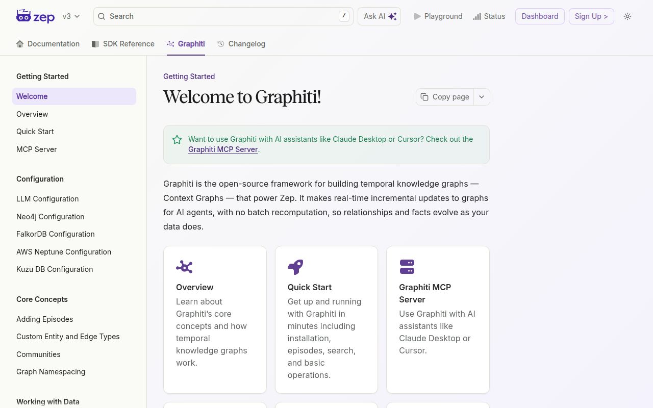Screenshot of graphiti (help.getzep.com/graphiti)