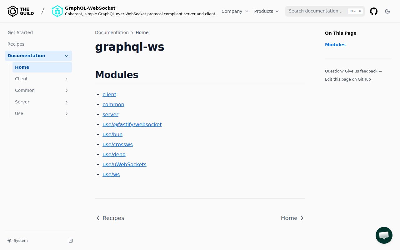 Screenshot of graphql-ws documentation