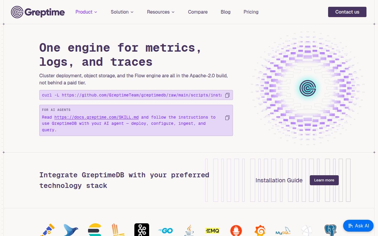 Screenshot of greptimedb (greptime.com/product/db)