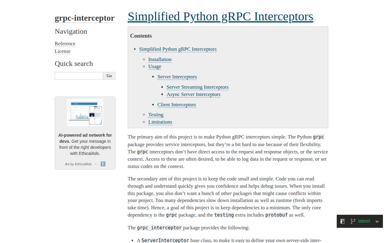 Screenshot of grpc-interceptor documentation