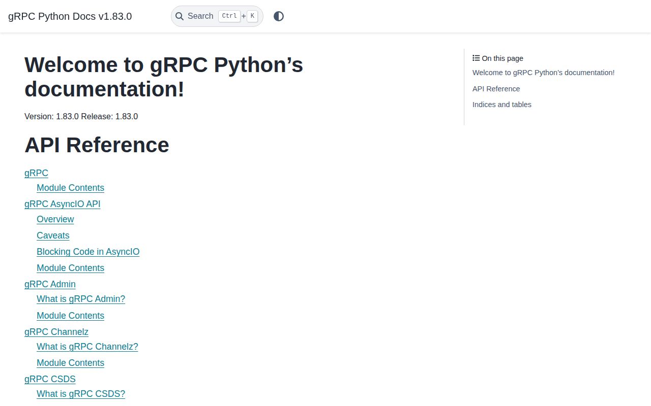 Screenshot of grpcio documentation