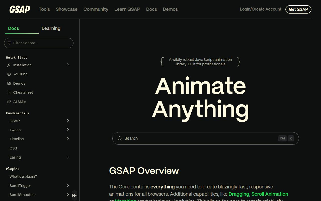 Screenshot of gsap documentation