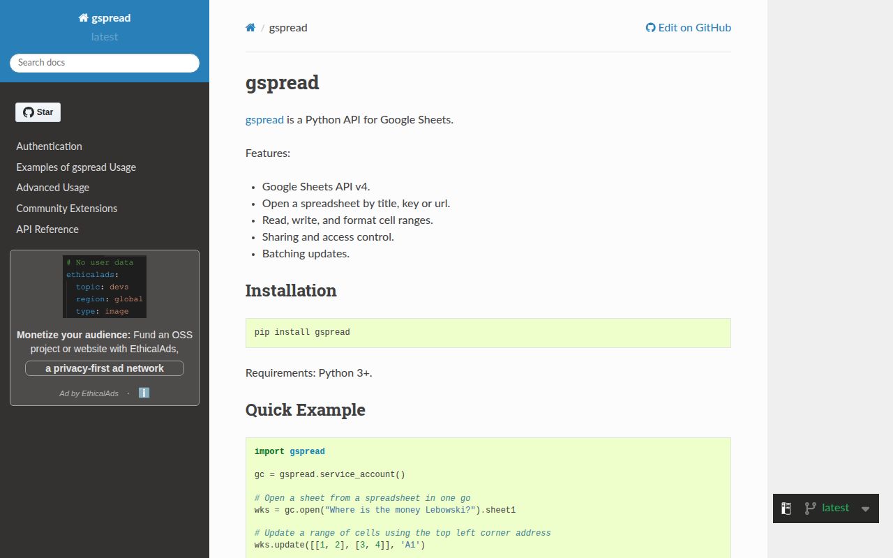 Screenshot of gspread documentation