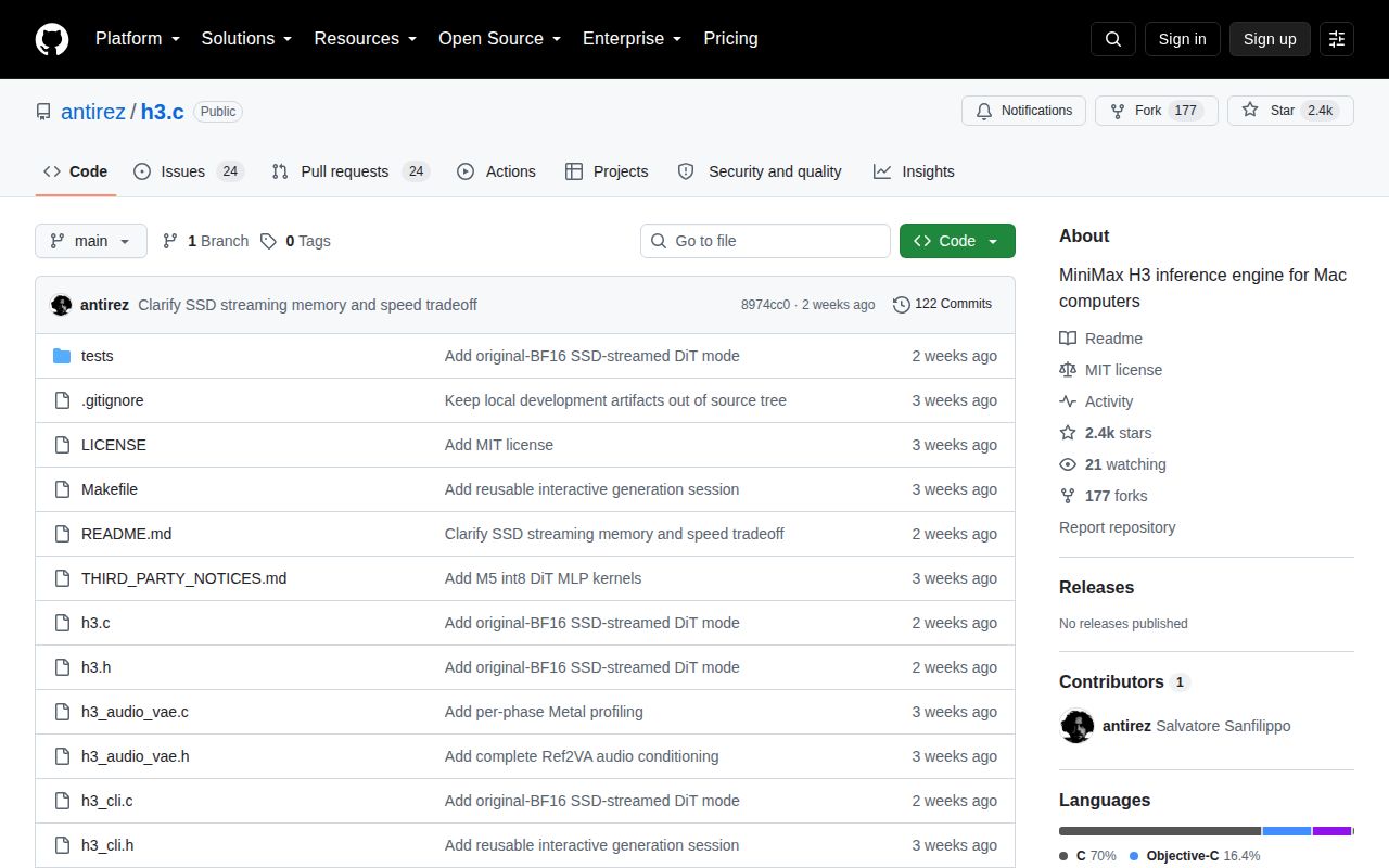 Screenshot of h3.c (github.com/antirez/h3.c)