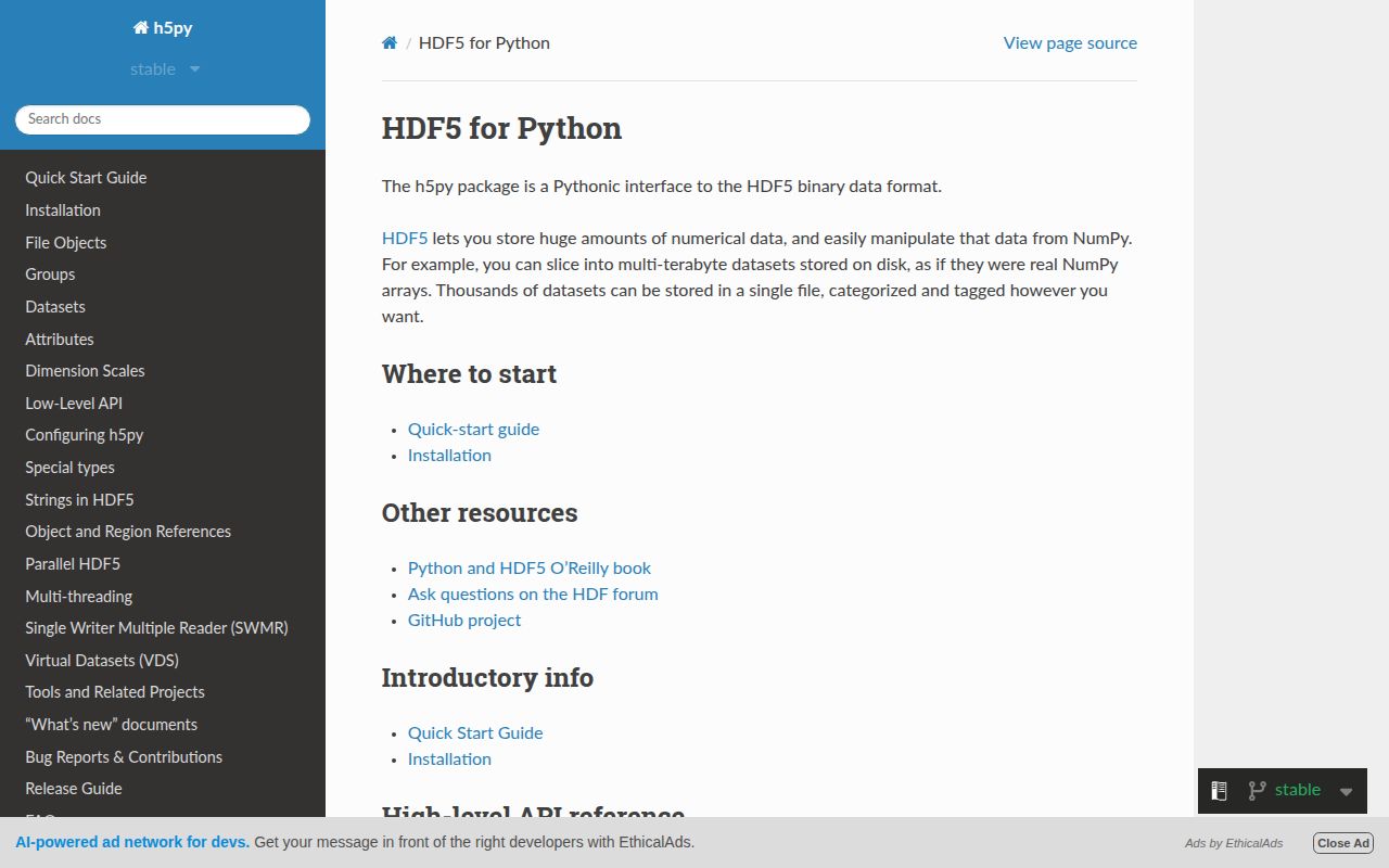 Screenshot of h5py documentation