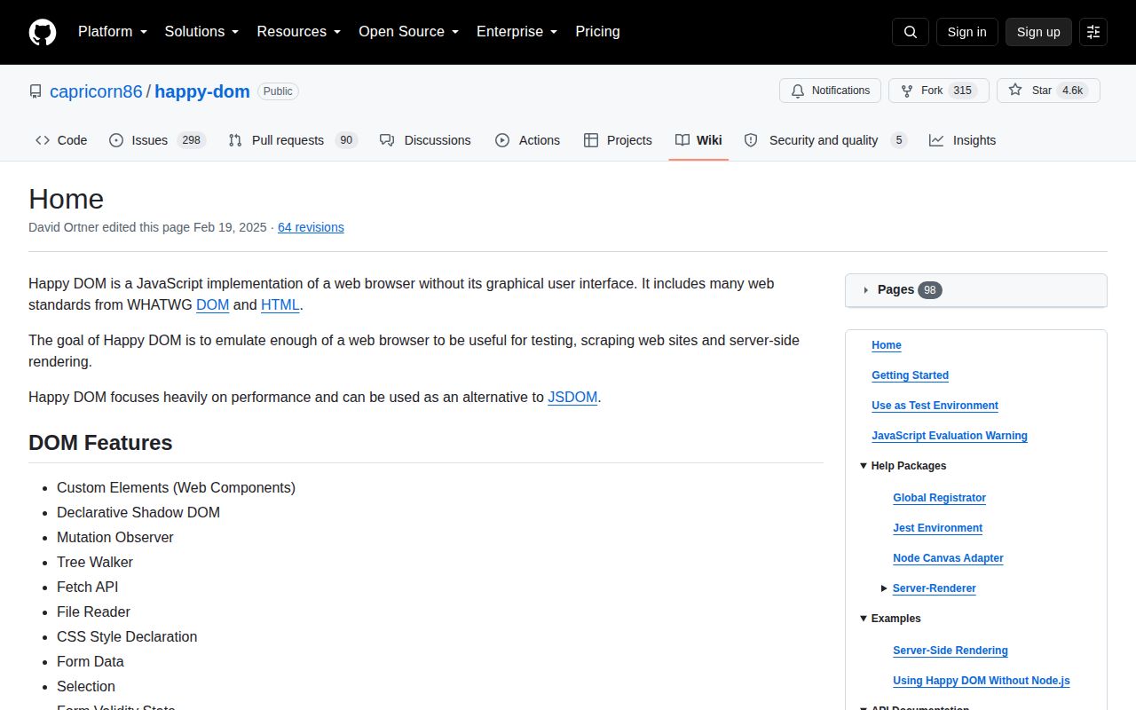Screenshot of happy-dom documentation