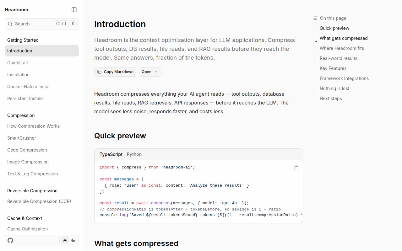 Screenshot of headroom (docs.headroomlabs.ai/docs)