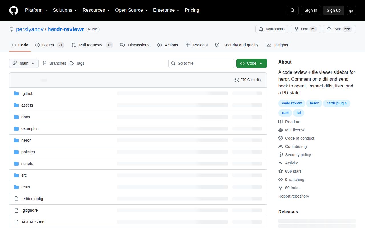 Screenshot of herdr-reviewr (github.com/persiyanov/herdr-reviewr)