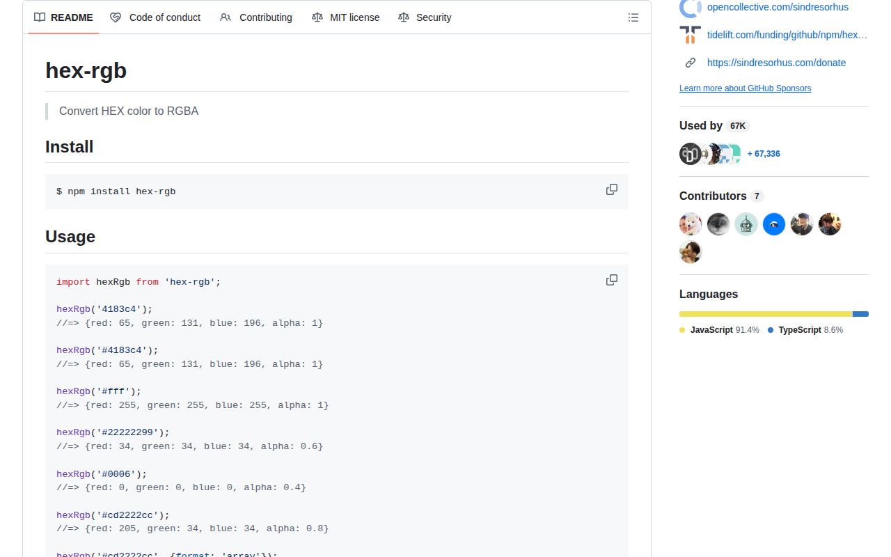 Screenshot of hex-rgb documentation