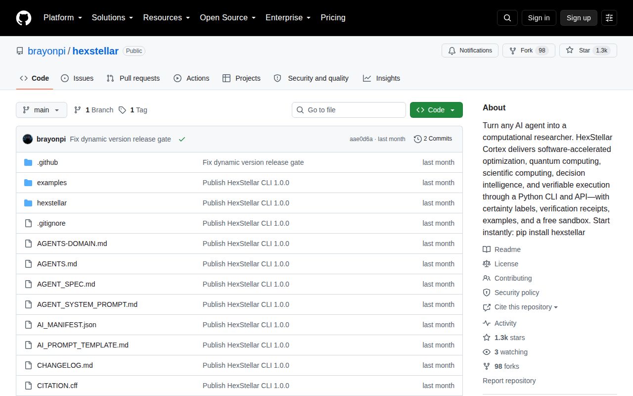 Screenshot of hexstellar (github.com/brayonpi/hexstellar)