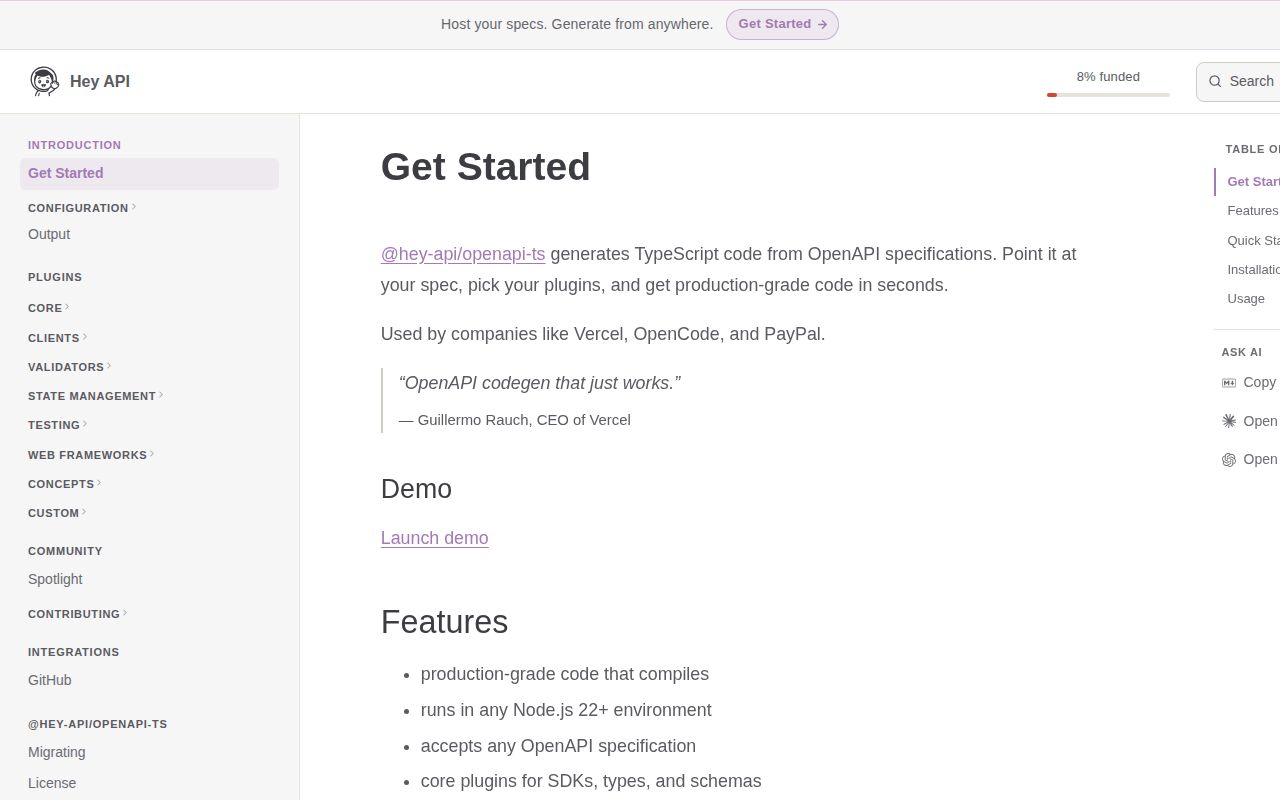 Screenshot of @hey-api/openapi-ts documentation