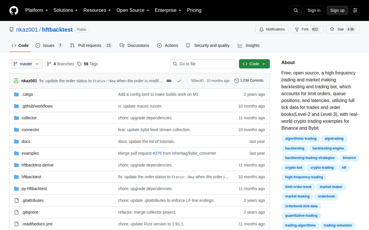 Screenshot of hftbacktest (github.com/nkaz001/hftbacktest)