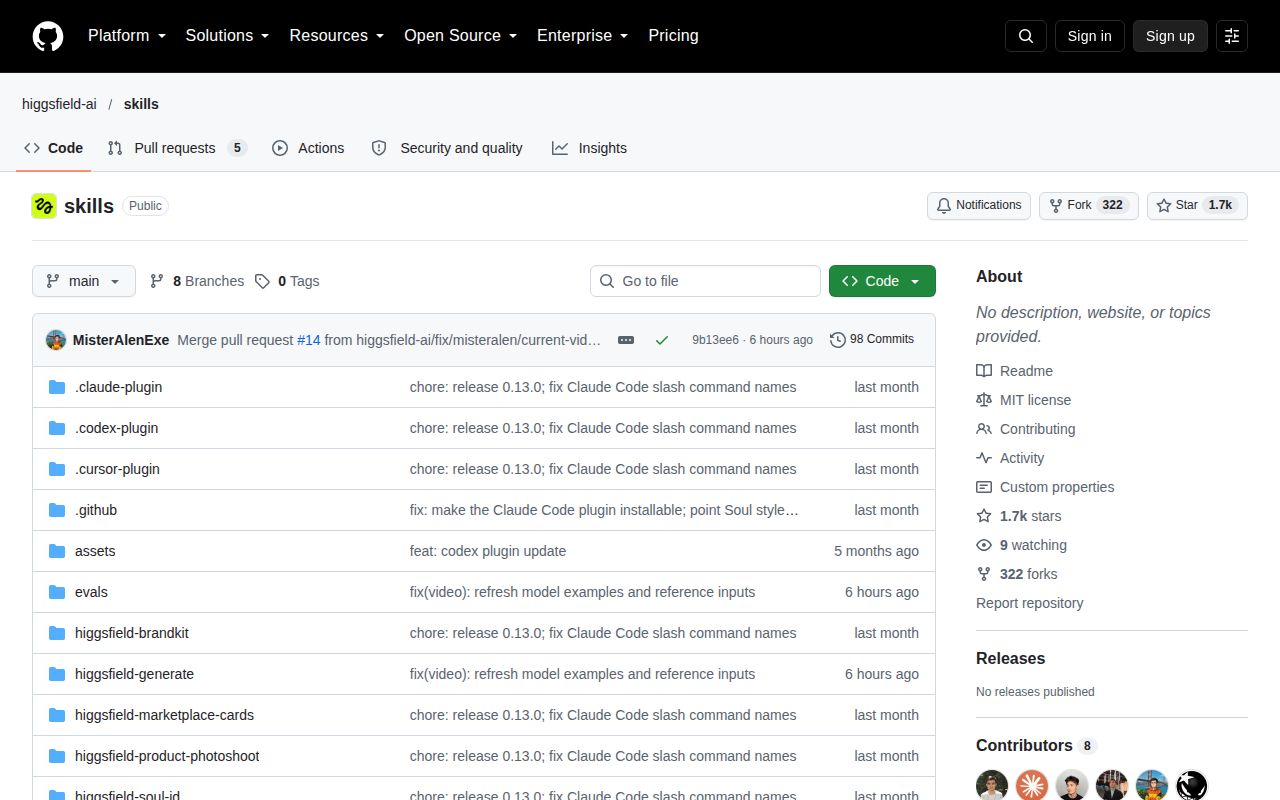 Screenshot of skills (github.com/higgsfield-ai/skills)