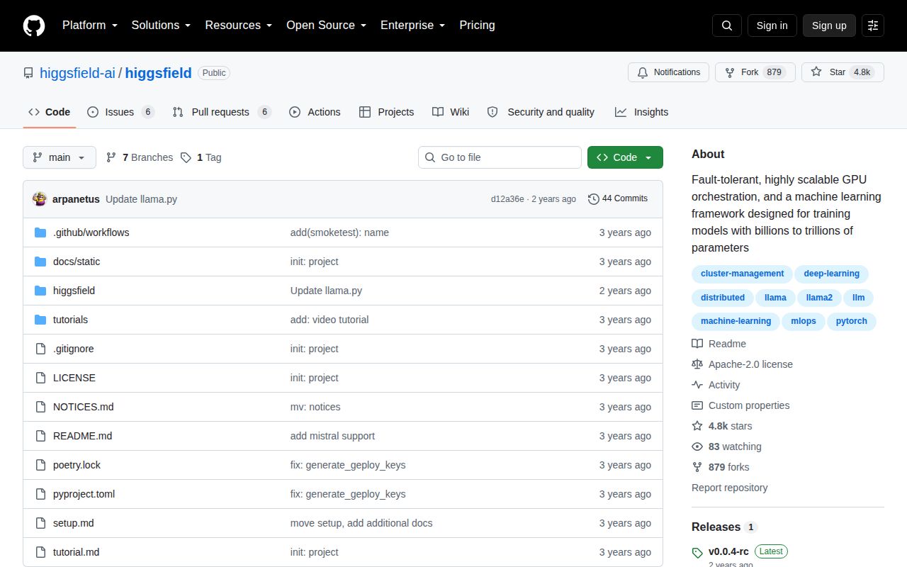 Screenshot of higgsfield (github.com/higgsfield-ai/higgsfield)