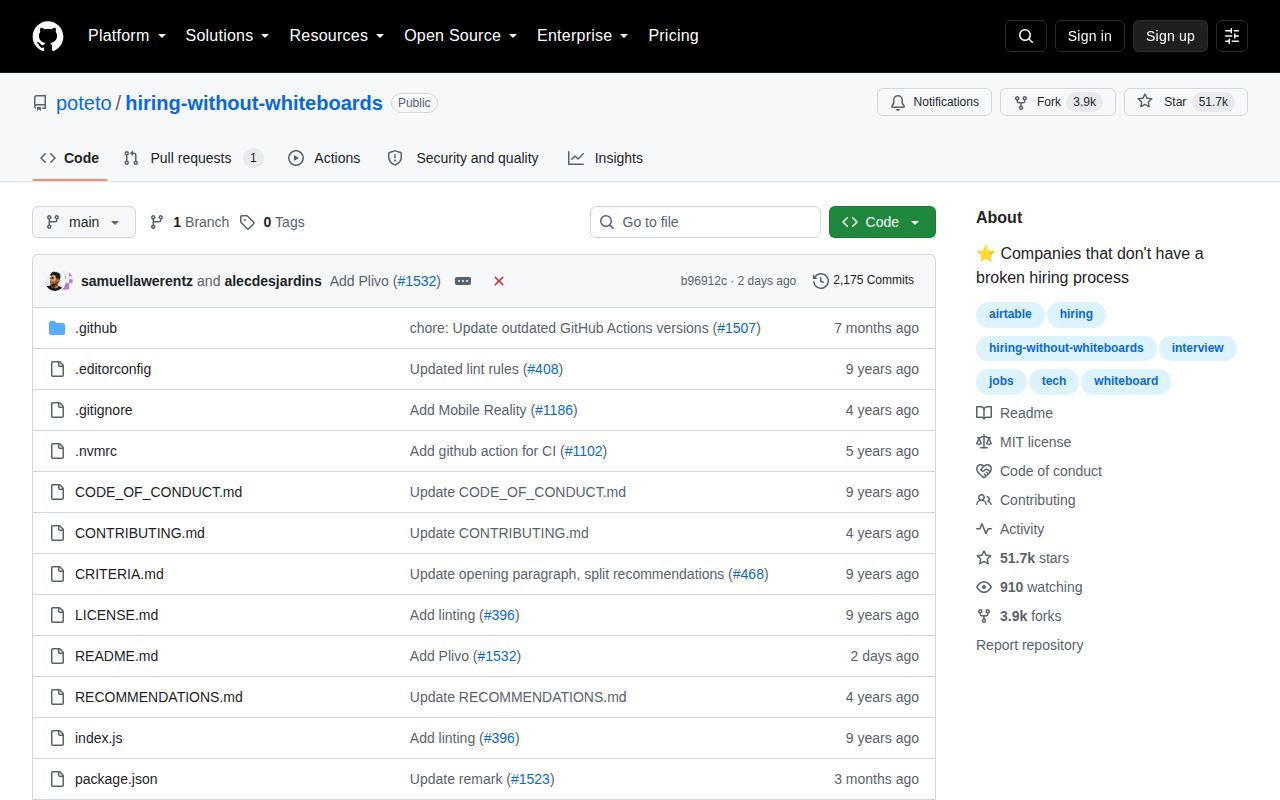 Screenshot of hiring-without-whiteboards (github.com/poteto/hiring-without-whiteboards)