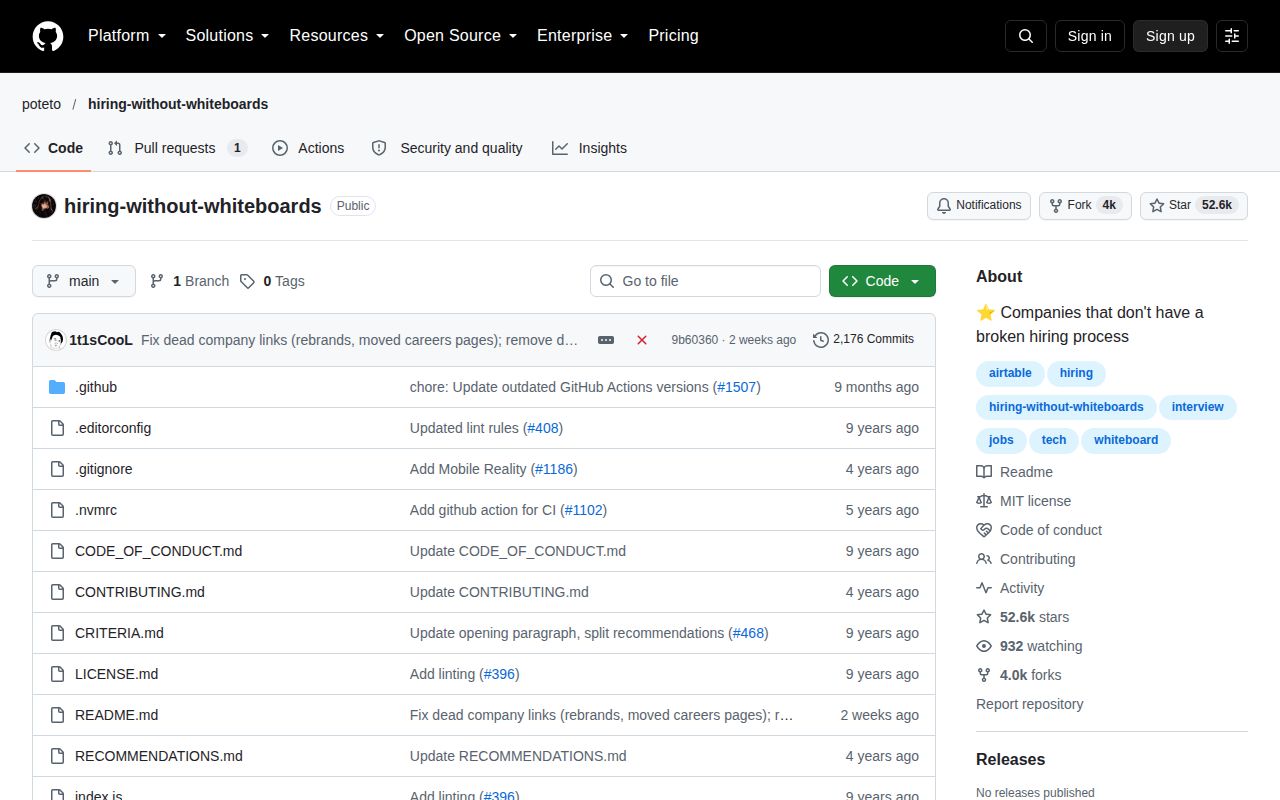 Screenshot of hiring-without-whiteboards (github.com/poteto/hiring-without-whiteboards)