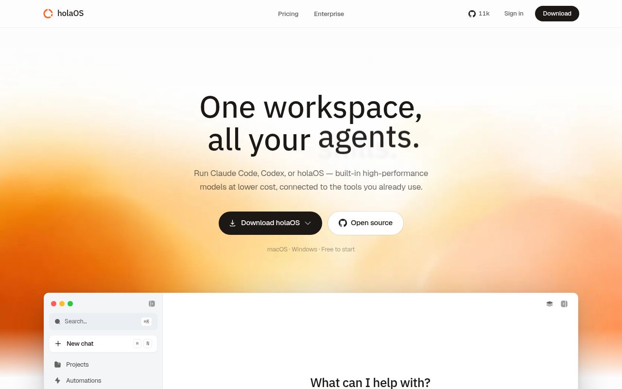 Screenshot of holaOS (holaos.ai)