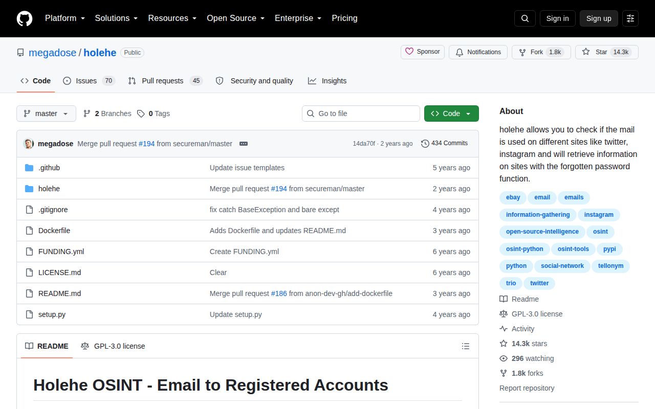 Screenshot of holehe (github.com/megadose/holehe)