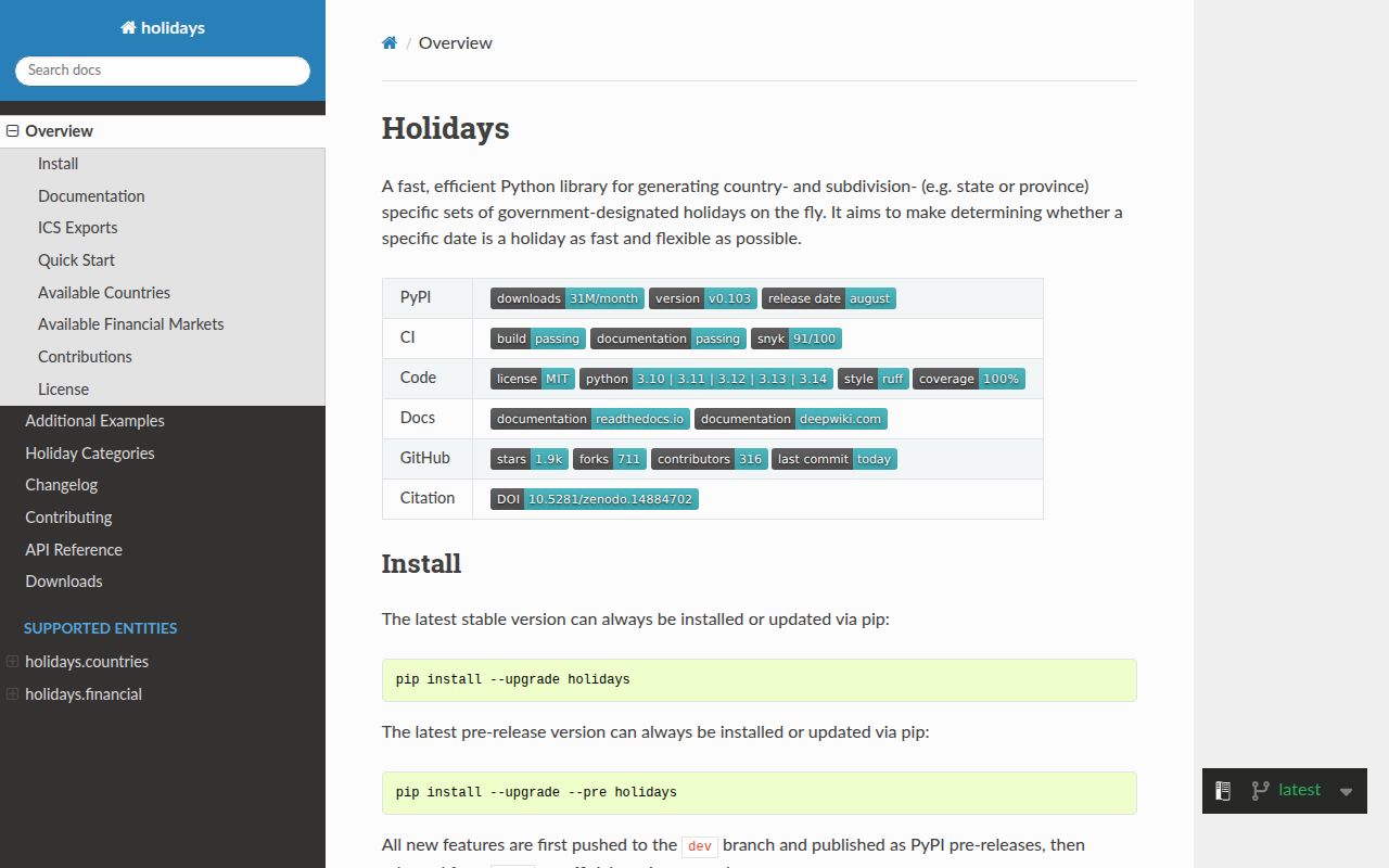 Screenshot of holidays documentation