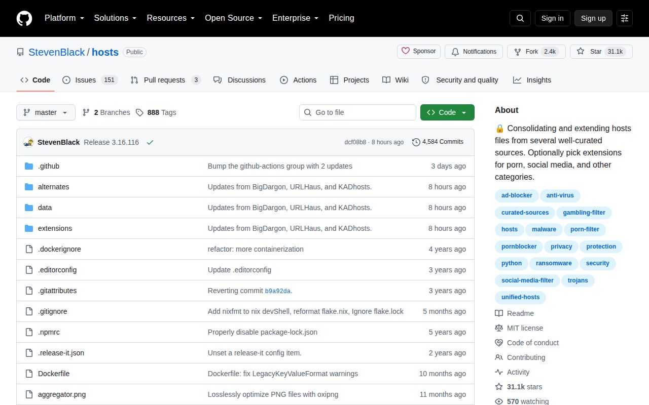 Screenshot of hosts (github.com/StevenBlack/hosts)