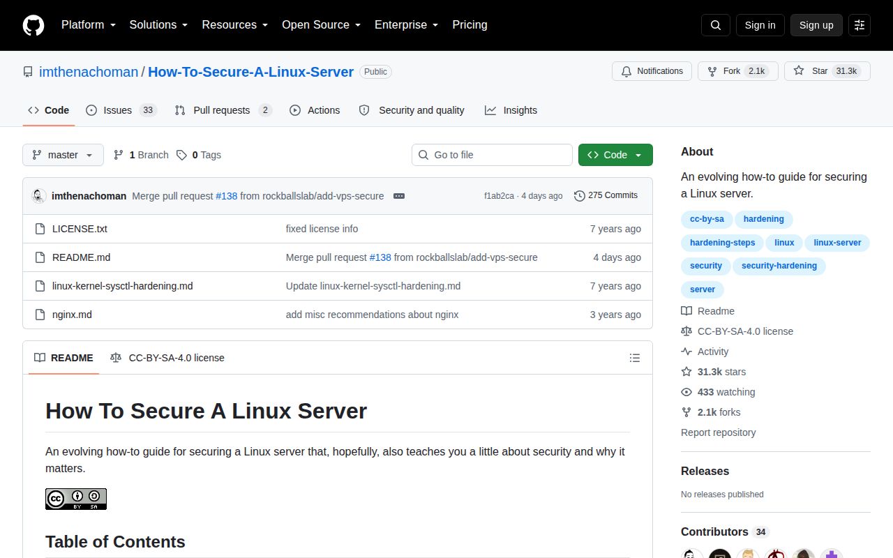 Screenshot of How-To-Secure-A-Linux-Server (github.com/imthenachoman/How-To-Secure-A-Linux-Server)